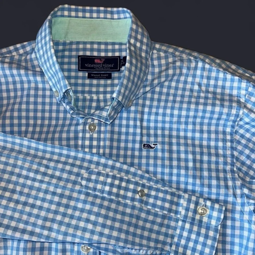 Vineyard Vines Youth L Whale Shirt – Blue Gingham – 100% Cotton